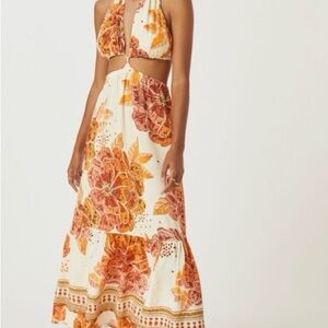 FARM Rio Backless Dress in Orange and Cream